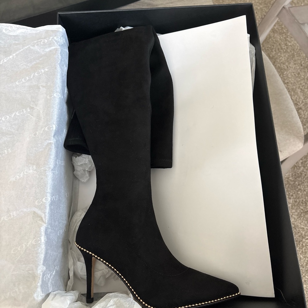 Coach Black Heeled Boots with Studded Detail - Picture 1 of 5